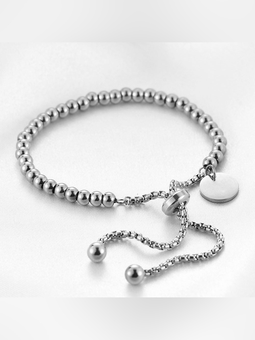 Stainless Steel Beaded Adjustable Bracelet - Silver